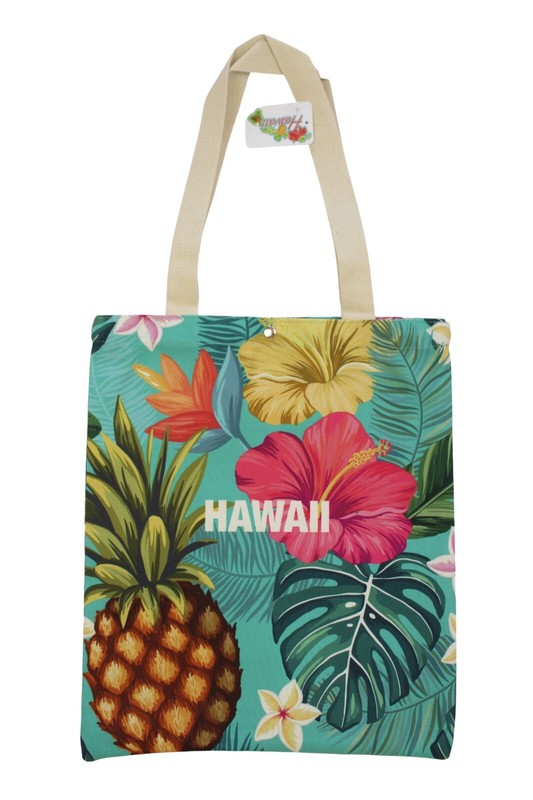 Hawaiian Canvas Reusable Tote Bag – 17″ x 14″, Pineapple, Hibiscus, Plumeria