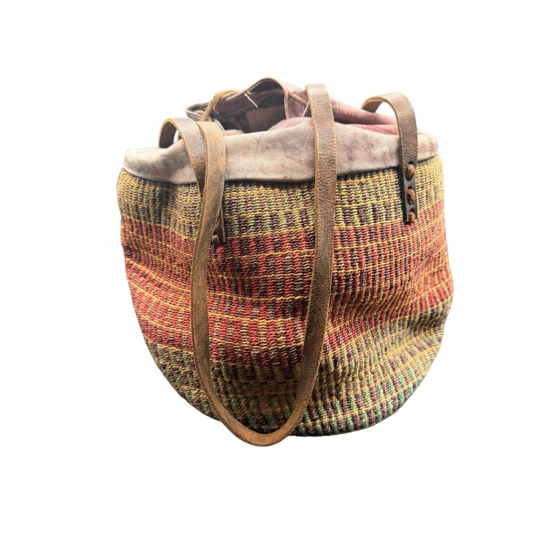 Handwoven Sisal Basket Tote Leather Trim Boho Drawstring Shoulder Bag