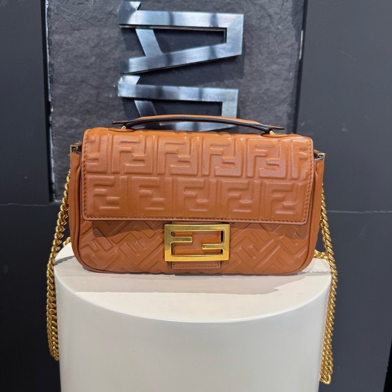 Fendi Baguette Brown FF Embossed Leather Chain Shoulder Bag