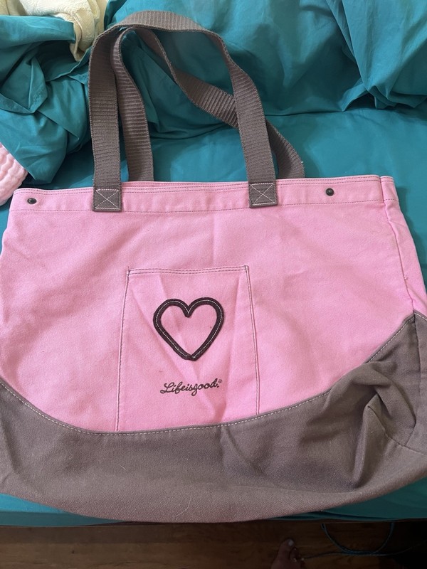 Life is good Pink/Gray Heart Tote Bag Embroidered Stitching Outer Pockets