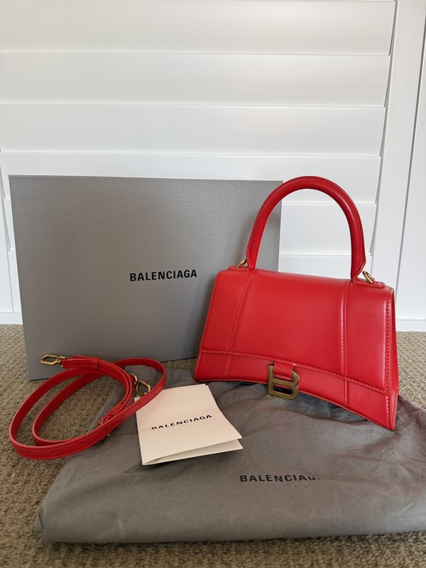 Balenciaga Hourglass Small Top Handle Bag Red Calfskin Leather Gold Hardware