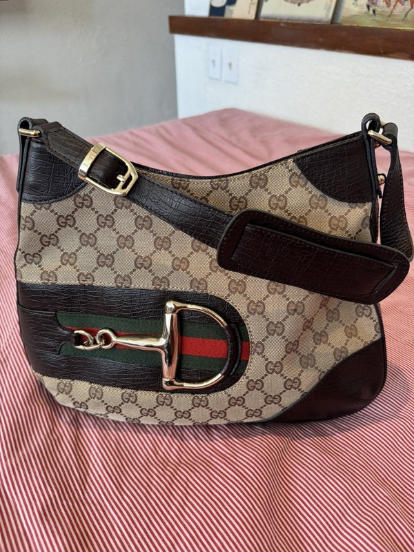 Gucci Beige Brown GG Web Stripe Horsebit Shoulder Bag Gold Hardware Det Strap
