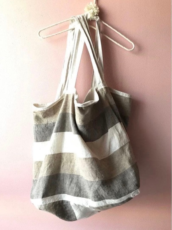 ichi Antiquites Beige Linen Bag with Pocket – Large Capacity