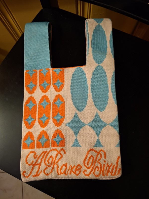 A RARE BIRD Knitted Tote Bag Open Purse Orangey Peach & Turquoise Aqua Pre-ow