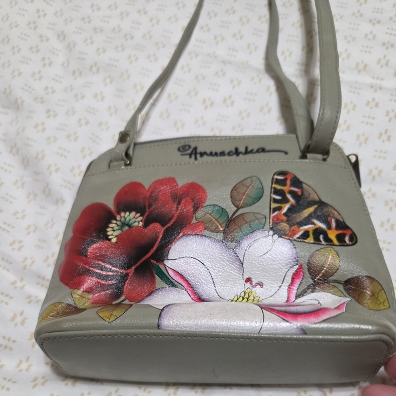 Anuschka Hand Painted Leather Crossbody Handbag ~~ Flowers & Buterfly gallery