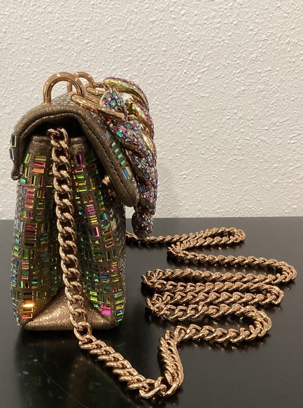 Kurt Geiger Mini Kensington 2 Chains Iridescent Crystals Metallic Fabric 8"x5.5" gallery