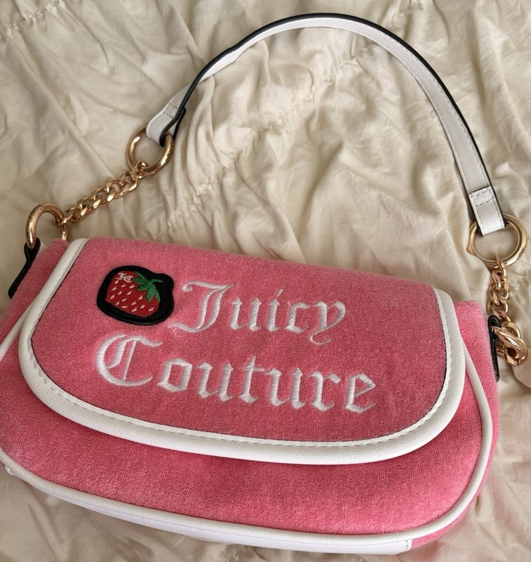 Juicy Couture Pink & White Shoulder Bag Strawberry Logo Zip Detachable Strap