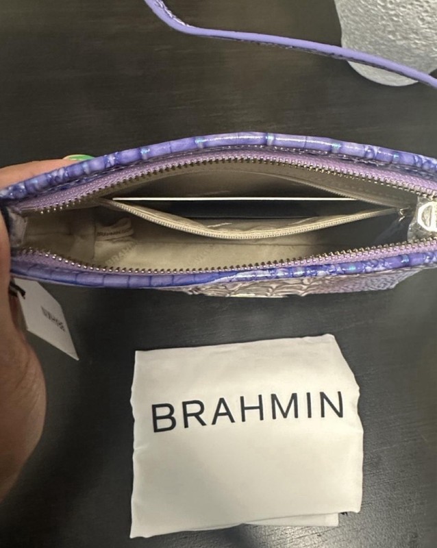 Brahmin Purple Embossed Animal Print Zip Top Shoulder Bag Small Inner Pockets gallery