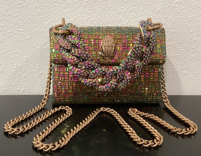 Kurt Geiger Mini Kensington 2 Chains Iridescent Crystals Metallic Fabric 8"x5.5" gallery