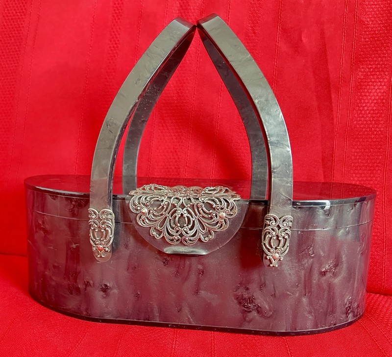 Wilardy Vintage Lucite Purse 1950s Black Marbled w/Mirror Double Handle Art Deco