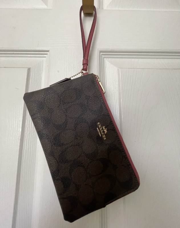 Coach Signature Double Zip Wristlet Brown Pink Trim Wrist Strap Gold Hardware