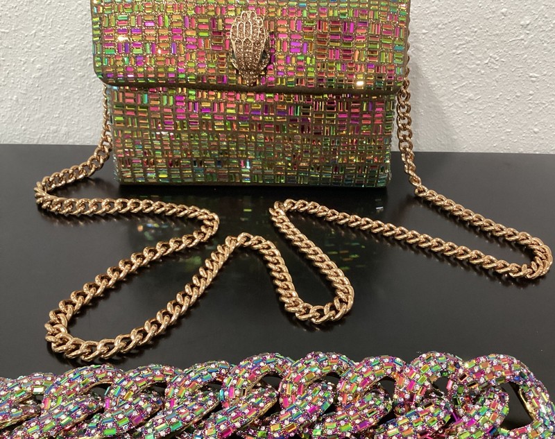 Kurt Geiger Mini Kensington 2 Chains Iridescent Crystals Metallic Fabric 8"x5.5" gallery