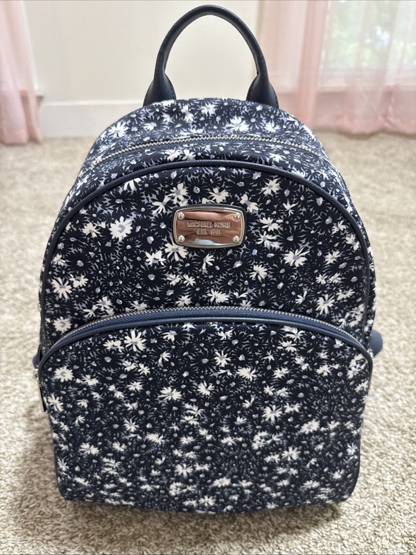 MICHAEL KORS Women’s MK Abbey Navy Blue White Floral Backpack Nylon Leather NEW