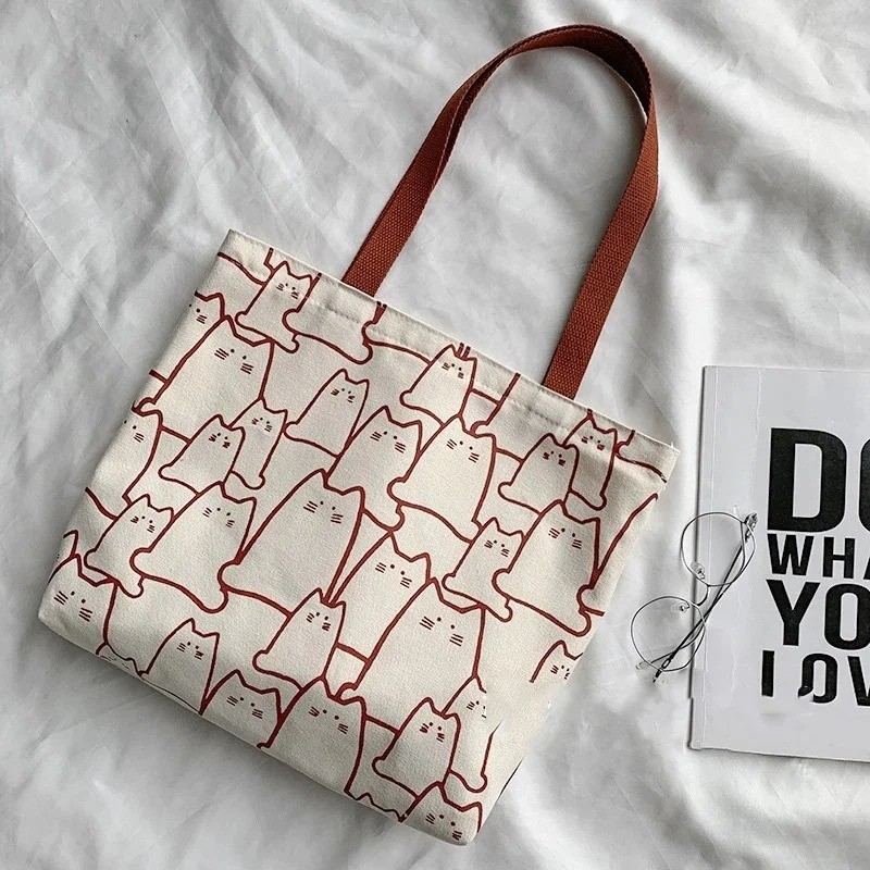NEW CUTE CAT CANVAS TOTE SHOULDER BAG WITH ZIPPER KITTEN ALL OVER PRINT gallery
