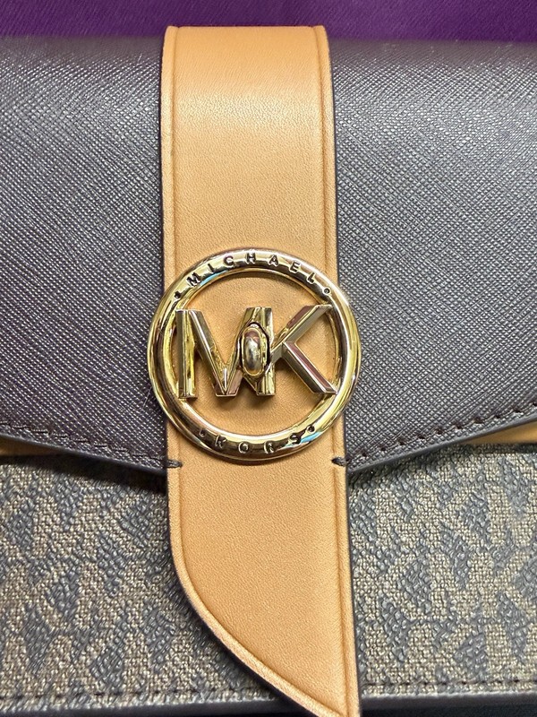Michael Kors Greenwich Medium Shoulder Bag Brown MK Signature Gold Chain gallery
