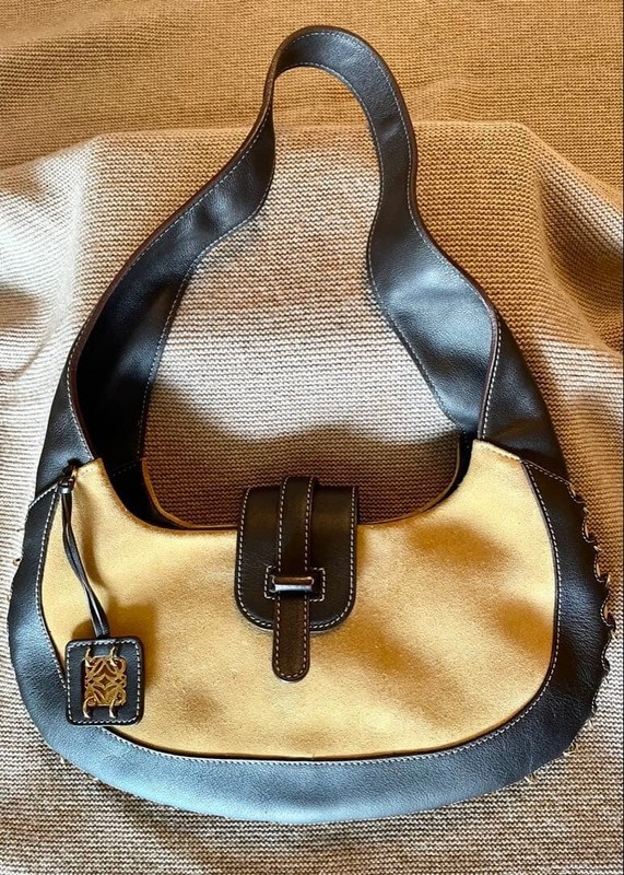 LOEWE Hobo Shoulder bag Suede Leather Beige Brown Black Vintage Auth From Japan