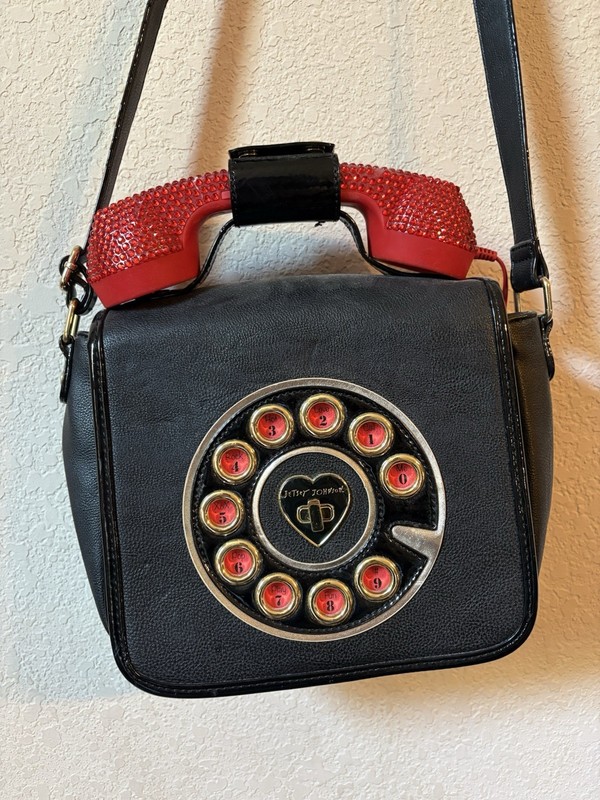 Betsey Johnson Black/Red Rhinestone Patent Telephone Crossbody Bag Turn Lock