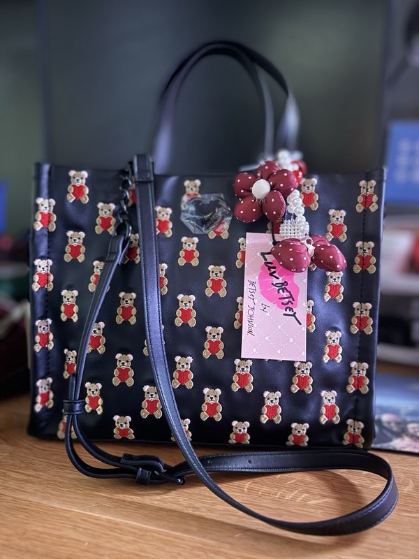 Betsey Johnson Black Teddy Bear Embroidered Tote Bag w/ Detachable Strap Charm gallery