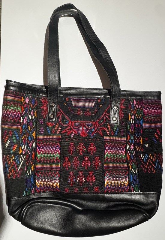 Nena & Co. OOAK Huipil Woven Tote Bag Black Leather Trim Multicolor Guatemala