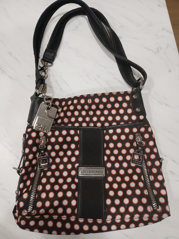 Tyler Rodan Crossbody Handbag, silky quilted black with pink/white polka dots
