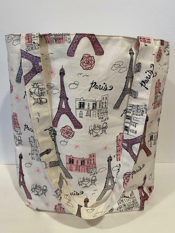 Paris Large Tote Bag Purse 100% Cotton Fabric Handmade 14″ x 14″ x 4″