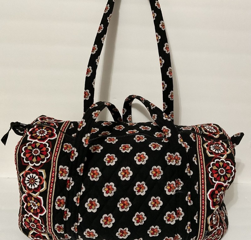 Vera Bradley Quilted Duffel Bag Weekend Tote 17” Black Red White Orange gallery