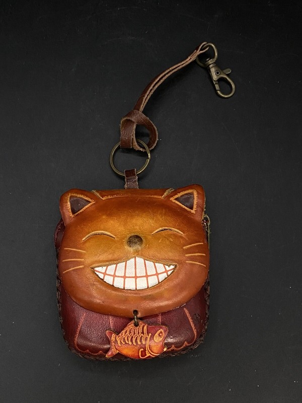3D Leather Kitty Cat With Fish Charm Change Coin Purse Wristlet