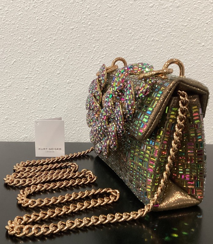 Kurt Geiger Mini Kensington 2 Chains Iridescent Crystals Metallic Fabric 8"x5.5" gallery