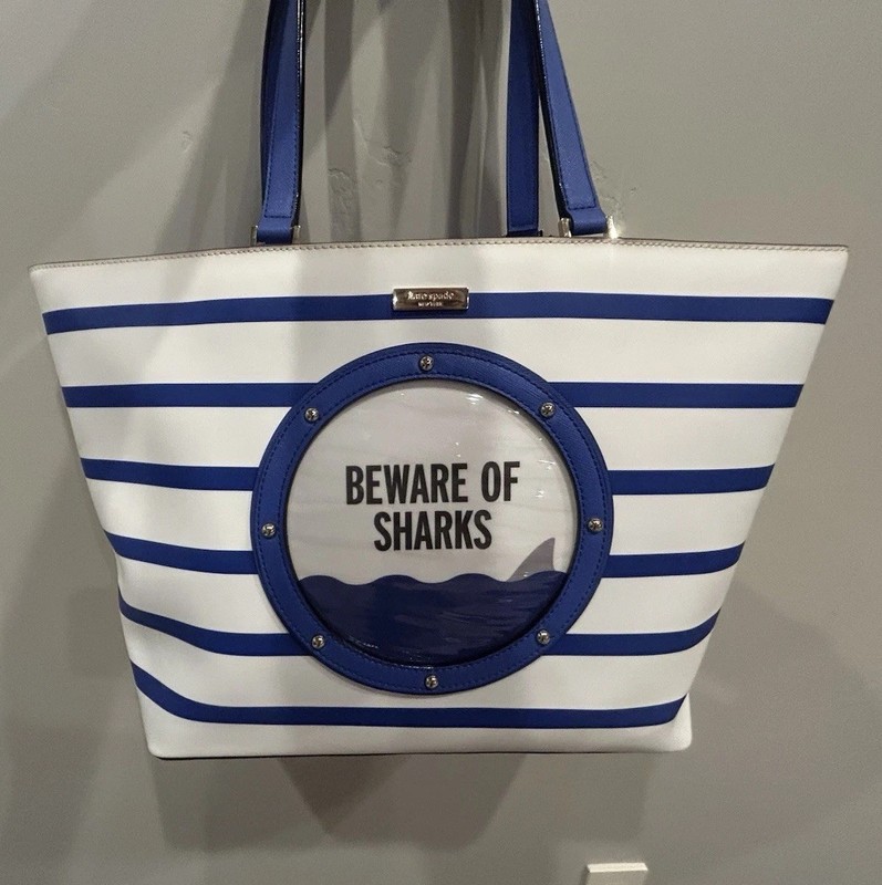 Kate Spade “Beware of Sharks” Jules Tote Bag Port Hole – Blue & White Polyvinyl