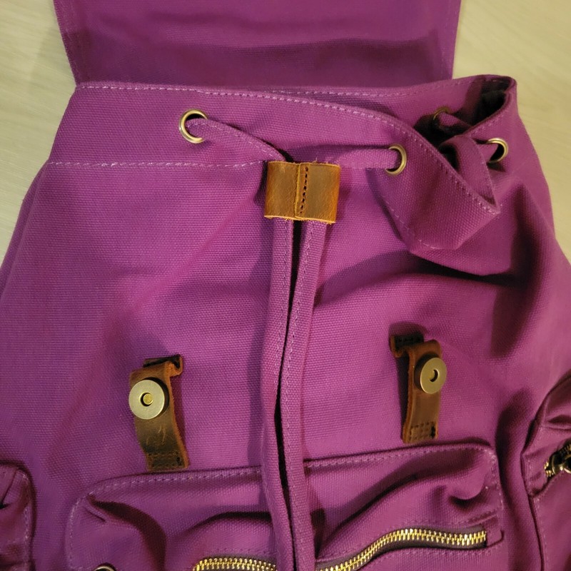 Purple Backpack with Flap Top and Adjustable Drawstring, Zippered Compartments gallery