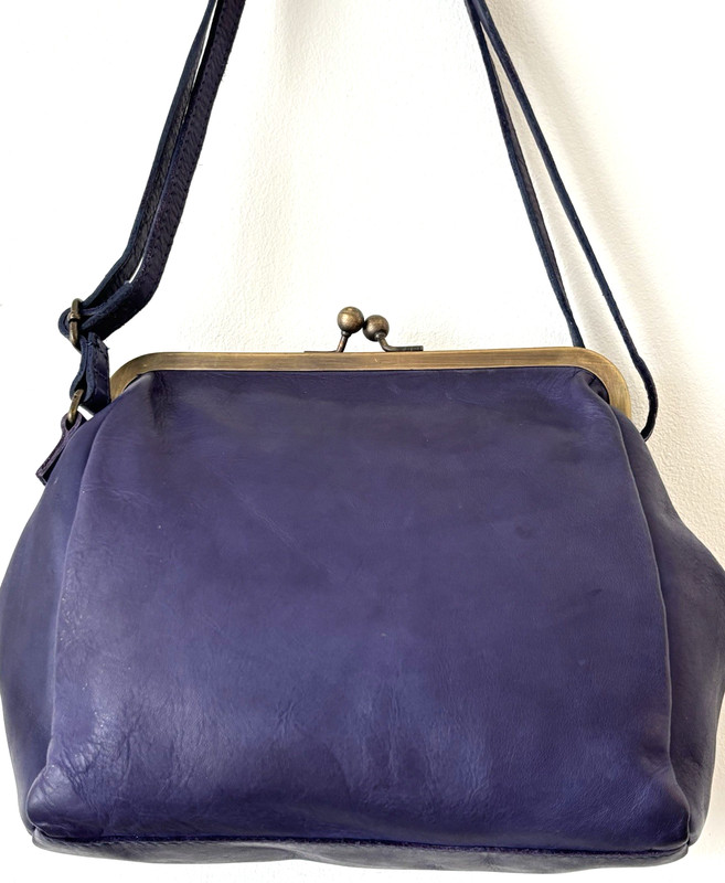 Biba Purple Leather Crossbody Handbag Pockets Cotton Lined Made in Spain 11"W gallery