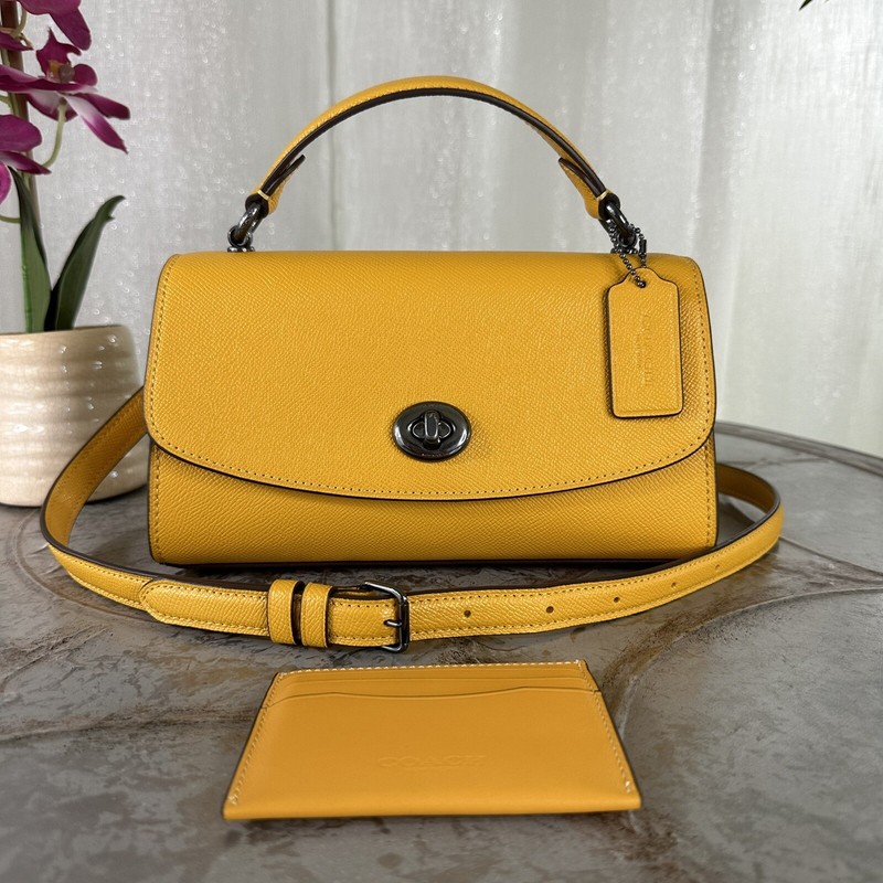Coach Tilly Satchel 23 Gunmetal/Ochre MSRP $350 Slim Card Case QB/Mustard $78