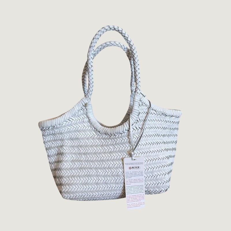 Altica White Woven Leather Structured Tote Basket Bag Braided Handle NWT