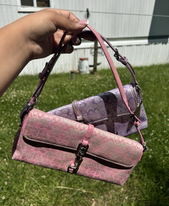 Coach Signature Pink Purple Small Shoulder Bags Zip Closure Detachable Strap