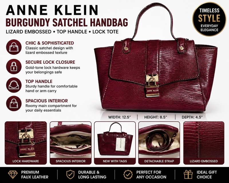 Anne Klein Burgundy Satchel Handbag Lizard Embossed Top Handle Purse Lock Tote