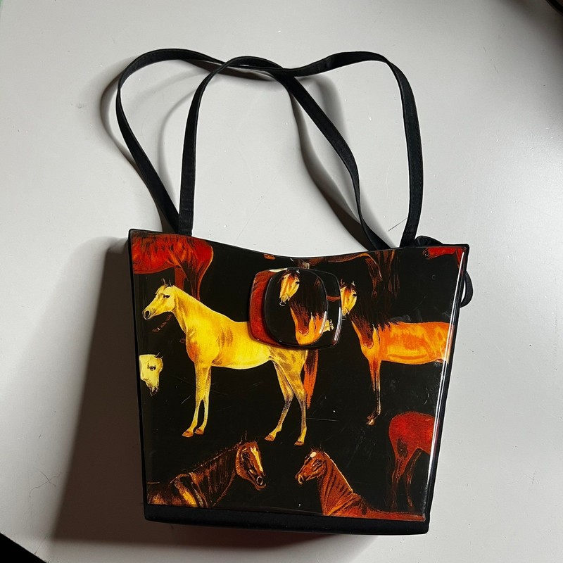 Angela Frascone Vintage Horse Print Resin Handbag Black Equestrian Shoulder Bag