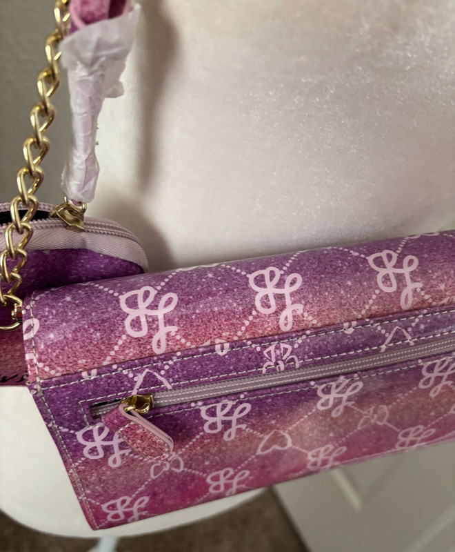 2 Pc LUV BETSEY JOHNSON Pink Purple HEARTS BOWS Clutch SHOULDER BAG Purse FOLEY gallery