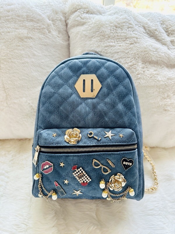 NWT ALDO Denim Blue OOTD Backpack Charms Pins Rhinestones Pearls Chain Strap Y2K