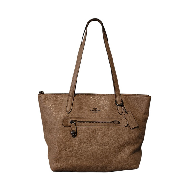 Coach Beige Pebbled Zip Top Tote Shoulder Bag Silver Hardware w/ Dust Bag