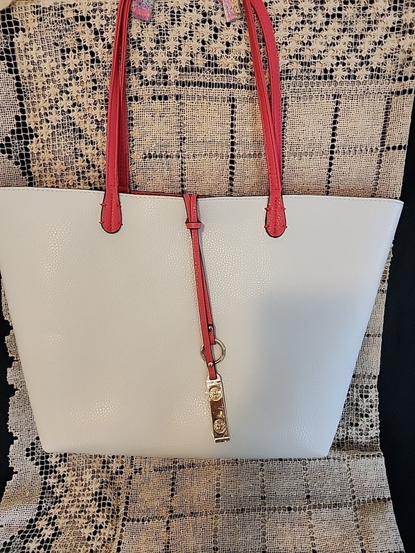 Tote Bag Purse Monogrammed KM Salmon Ivory Faux Leather Unbranded See Photos
