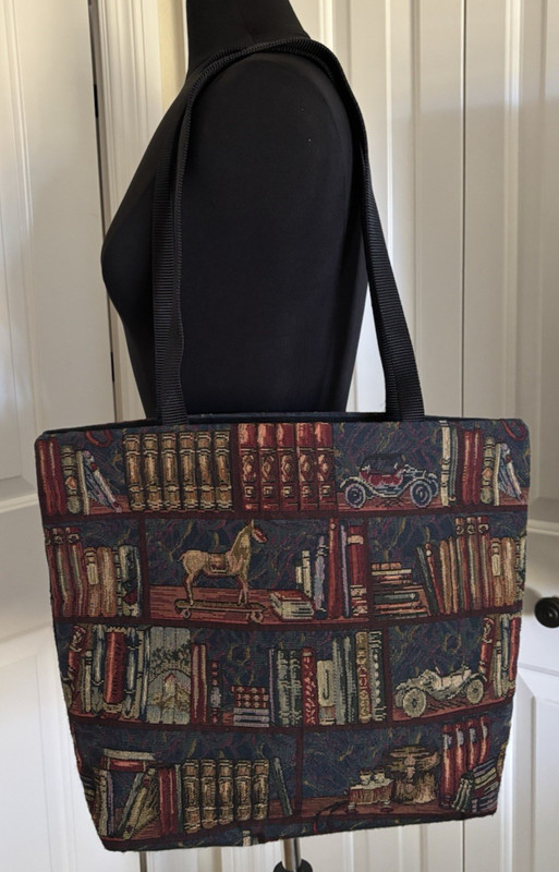 Danny K Handbags, Lg Tote Bookshelf Pattern Burgundy & Navy Tapestry Book Lover