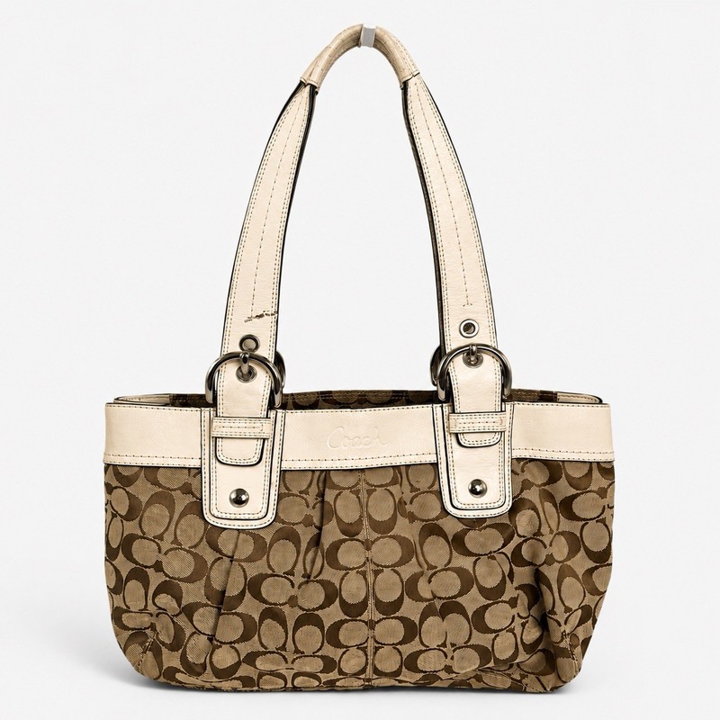 Coach Signature Monogram Tote Bag Brown Beige Canvas Ivory Leather Shoulder Bag