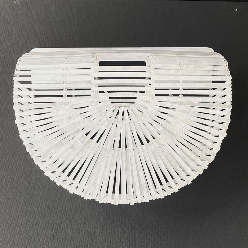 11″ White Lucite Acrylic Bead & Tile Half Circle Clutch Purse Vintage