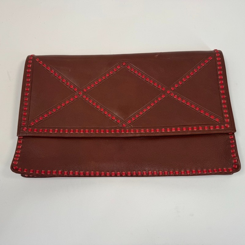 Madewell Women’s Brown Leather Clutch Bag Red Stitching 13″ x 8″ Laptop Carrier?