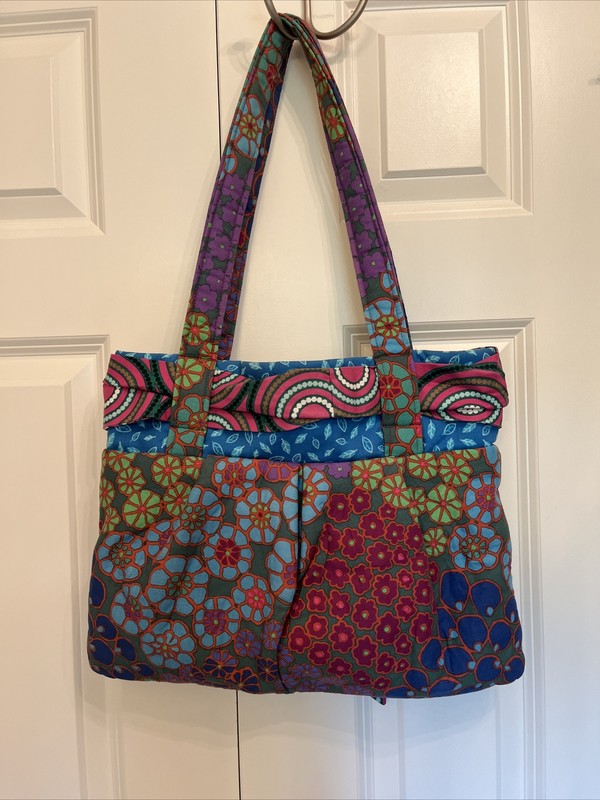 NEW Handmade Cotton Fabric Purse Handbag Open Top Mod Multi Floral Sz Medium gallery