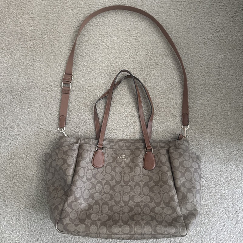 Coach Oversized travel tote diaper bag, tan, all over C design and leather trim