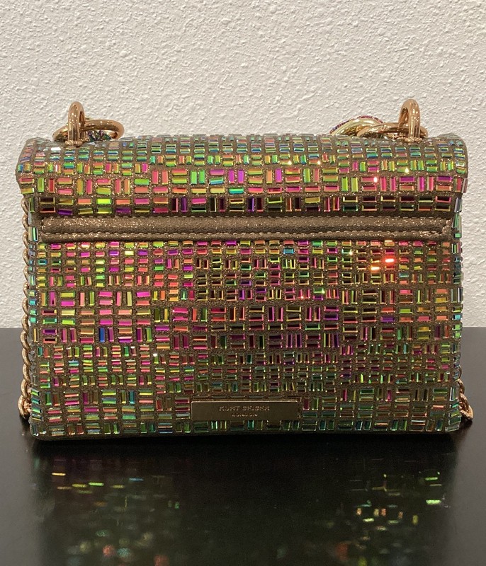 Kurt Geiger Mini Kensington 2 Chains Iridescent Crystals Metallic Fabric 8"x5.5" gallery
