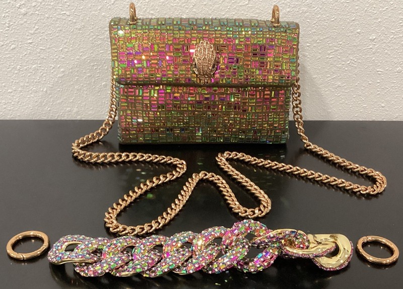Kurt Geiger Mini Kensington 2 Chains Iridescent Crystals Metallic Fabric 8"x5.5" gallery