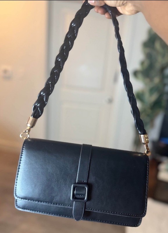 Women’s Black Solid Rectangle Shoulder Bag Braided Strap Buckle Gold Hardware