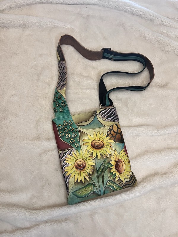 Aruschika Hand‑Painted Genuine Leather Sunflower Bag — Boho Art Purse gallery